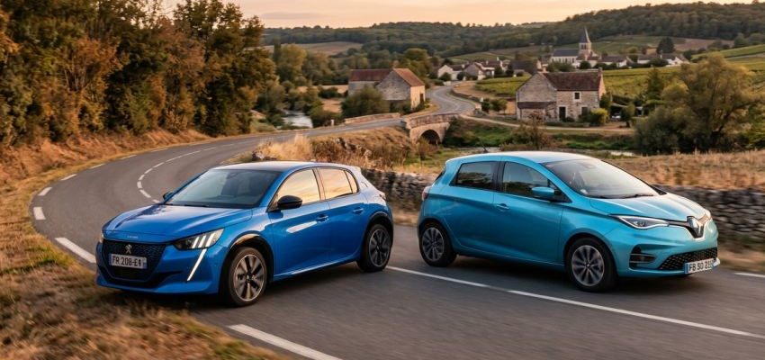 A kék Peugeot e-208 és a világoskék Renault Zoe elektromos autók egymás mellett haladnak egy francia vidéki úton.